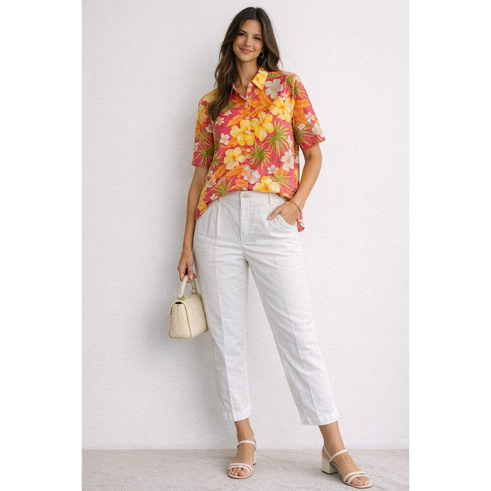 Erika Tropical Shirt Medium Pink Floral Top Kim Rogers White Pants 12 Outfit